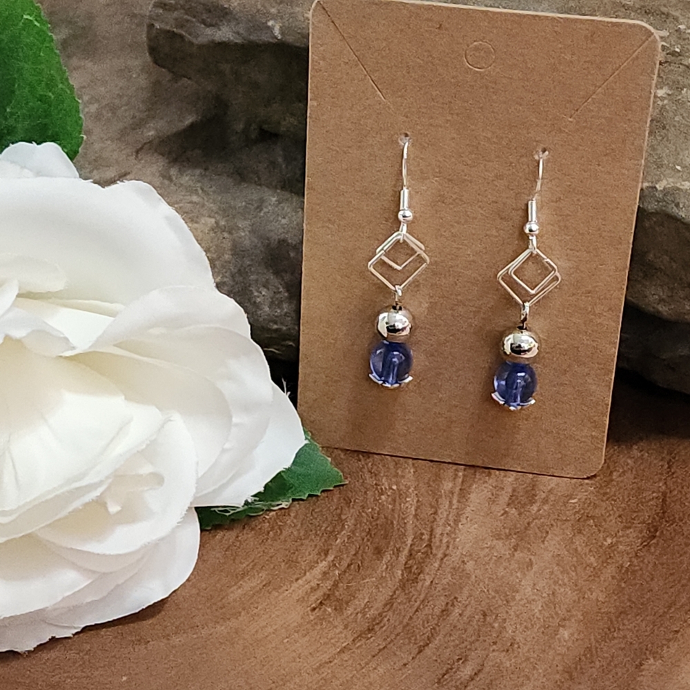 Hand Crafted Elegant Dangle Earrings Blue Beads With Silver Toned Square Accents